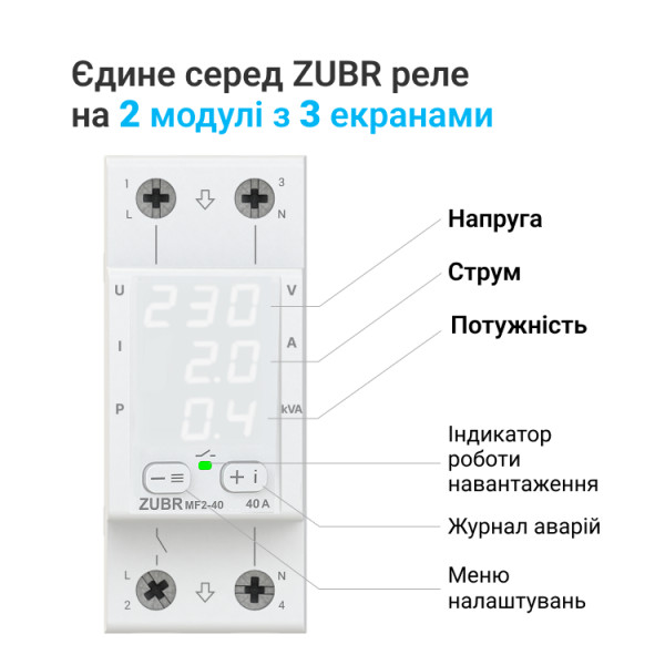 Многофункциональное реле напряжения ZUBR MF2-63 63А двухмодульное