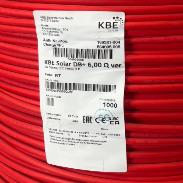 Кабель для сонячних панелей KBE Solar H1Z2Z2-K 1х6 червоний