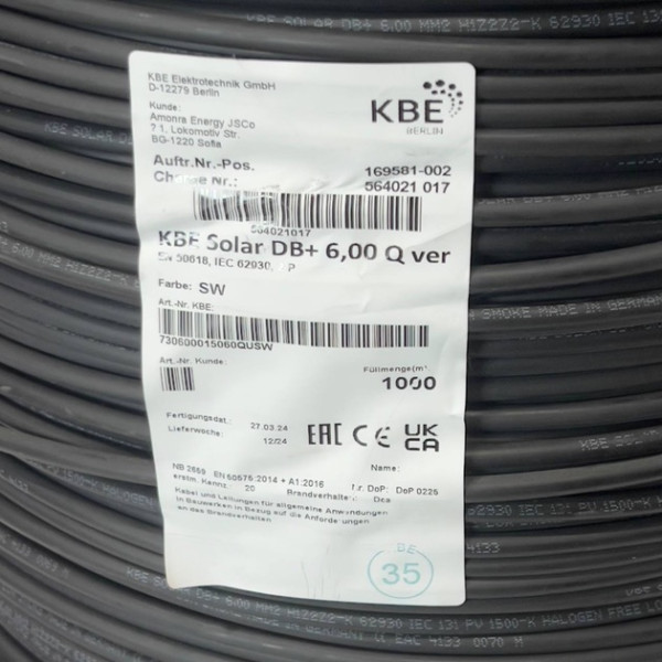 Кабель для сонячних панелей KBE Solar H1Z2Z2-K 1х6 чорний