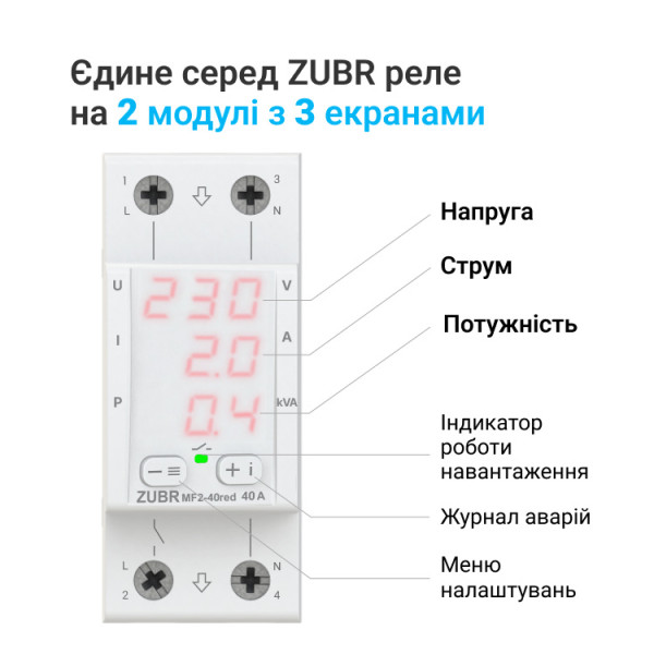 Багатофункціональне реле напруги ZUBR MF2-32 red 32А двомодульне