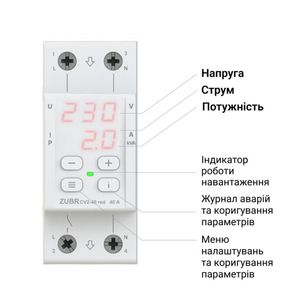 Реле напруги з контролем струму ZUBR CV2-40 red 40А