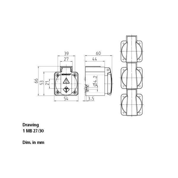 Розетка настінна SCHUKO MENNEKES 16A 3п 230В, IP54 світло-сіра, клеми plug-in (10081)
