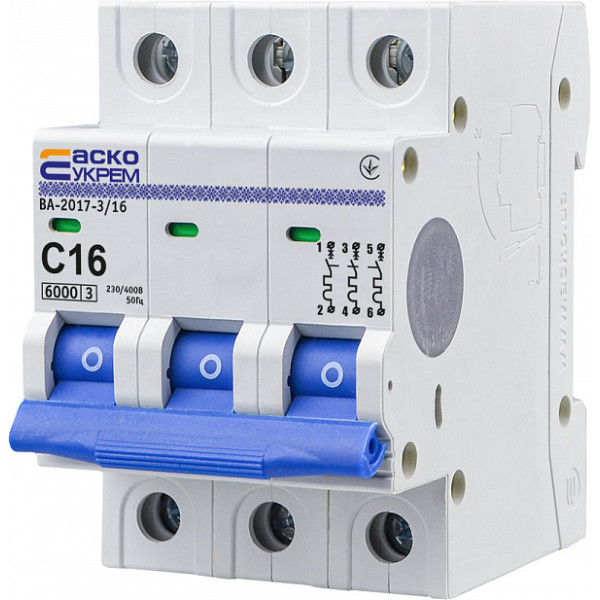 Автоматичний вимикач АСКО-УКРЕМ ВА-2017 3p 16А тип C 6кА (A0010170021)